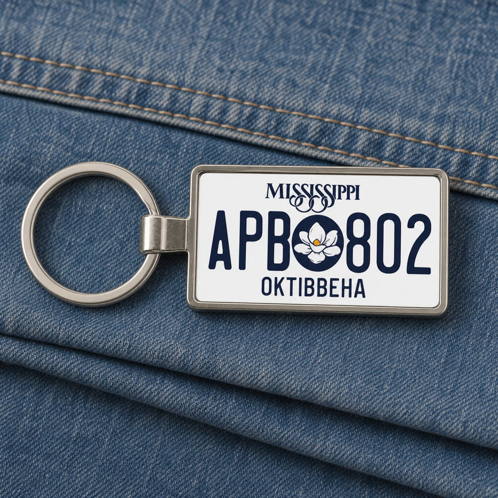 Mississippi APB 802 license plate keychain on_denim