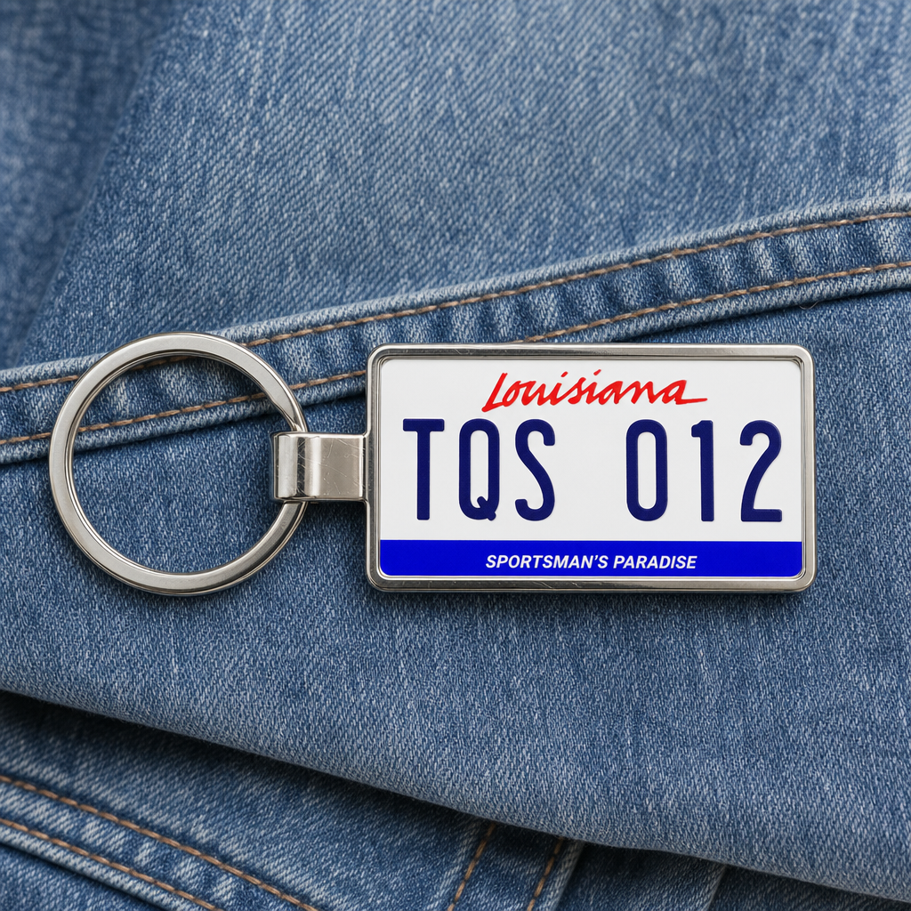 Louisiana TQS 012 license plate keychain on_denim