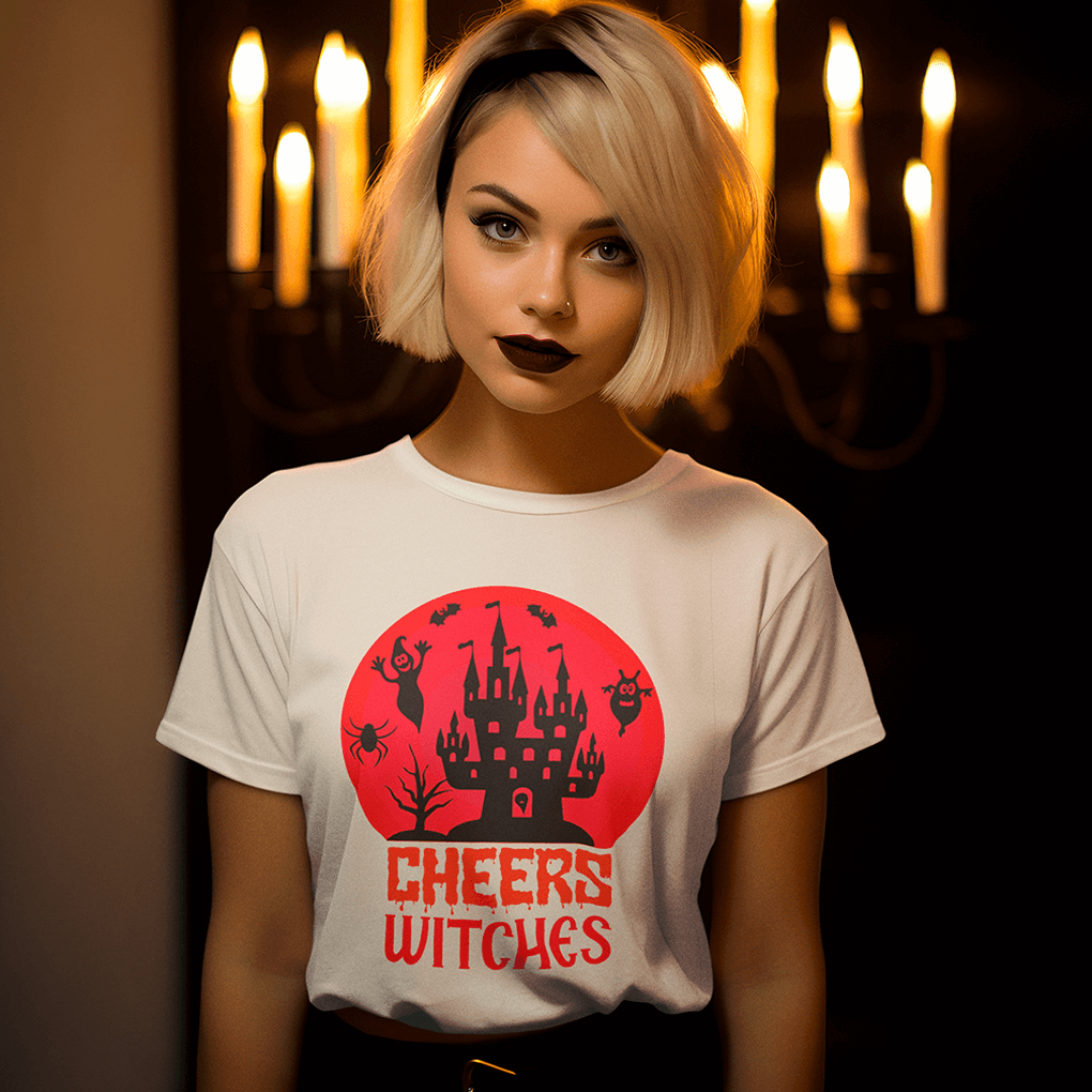 Halloween Cheers Witches T-Shirt - Spooky Castle & Ghosts Design