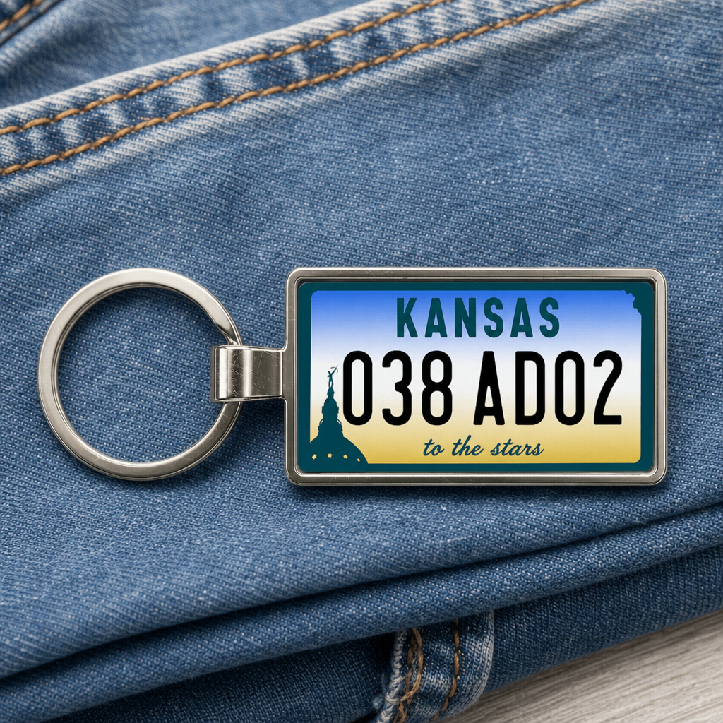 Kansas 038 AD02 license plate keychain on_denim