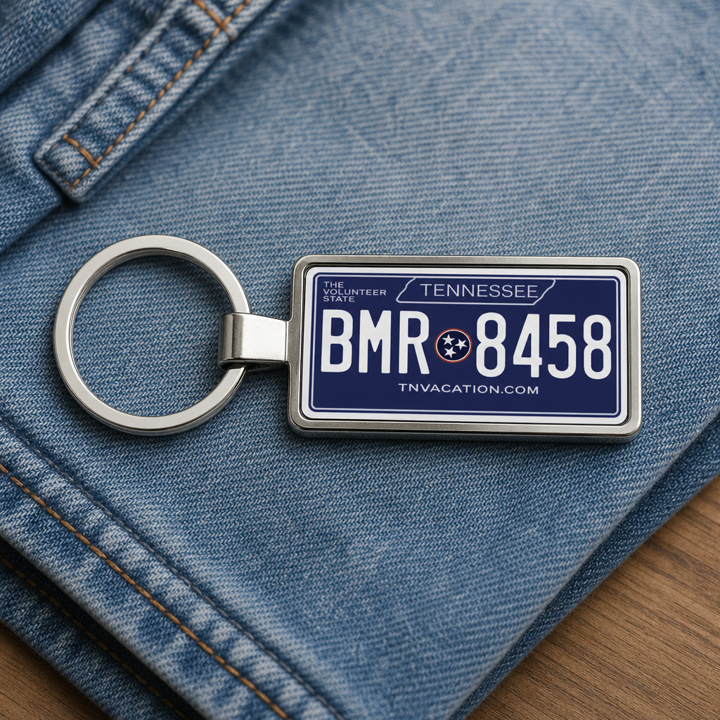 Tennessee license plate keychain on denim