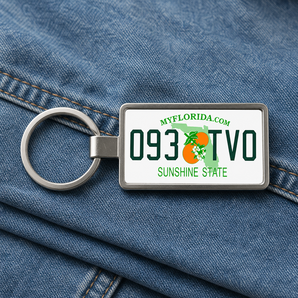 Florida 093 TVO license plate keychain on_denim