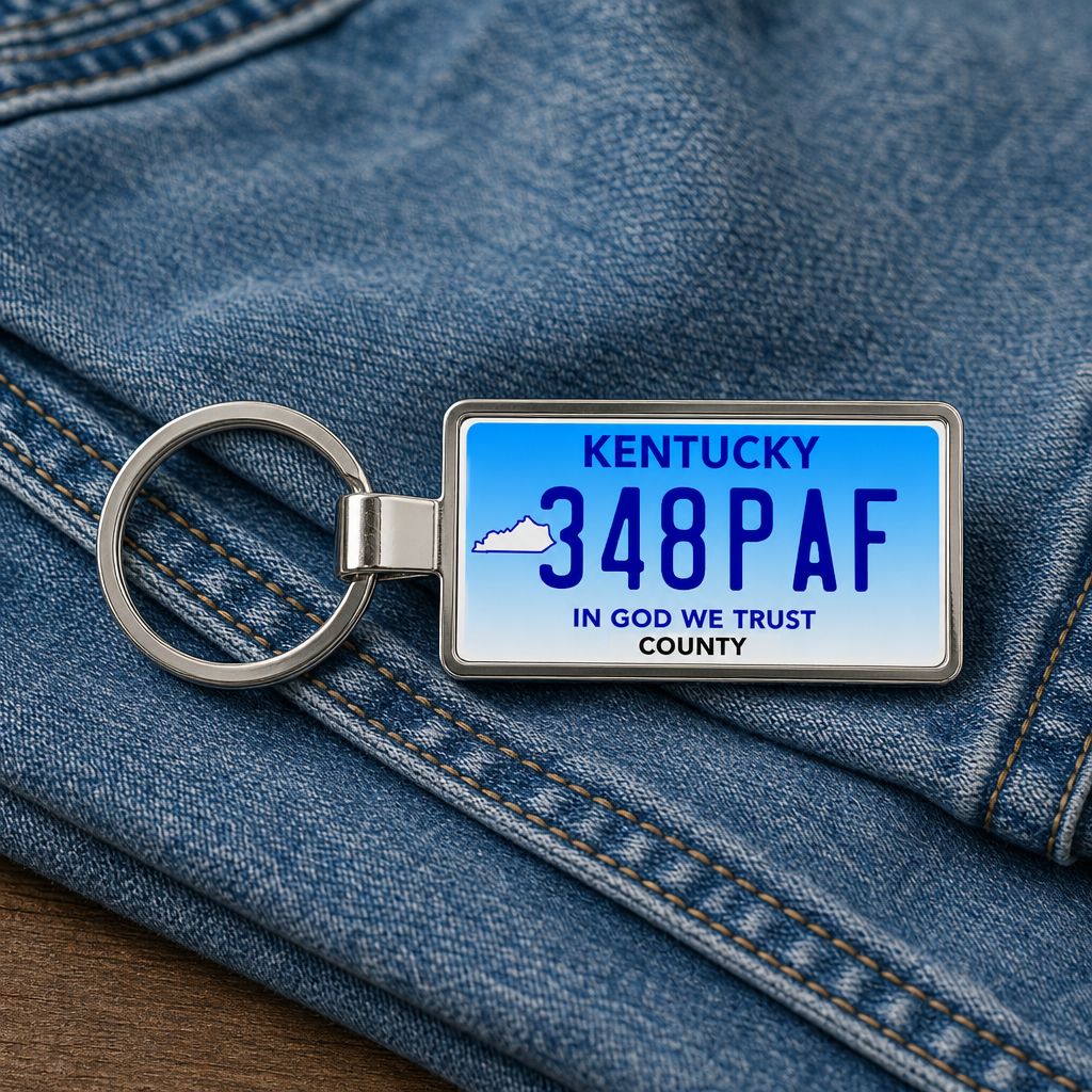 Kentucky 348 PAF license plate keychain on_denim