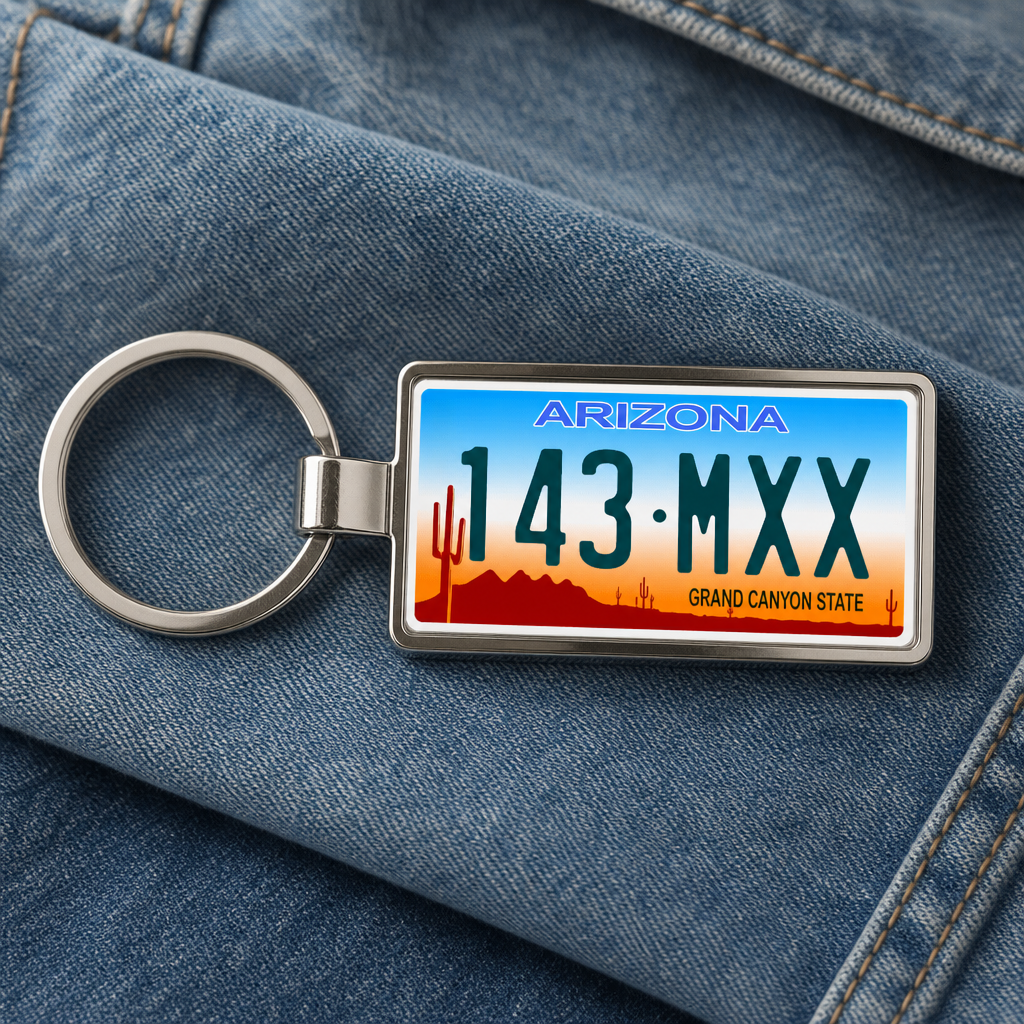 Arizona 143 MXX license plate keychain on_denim