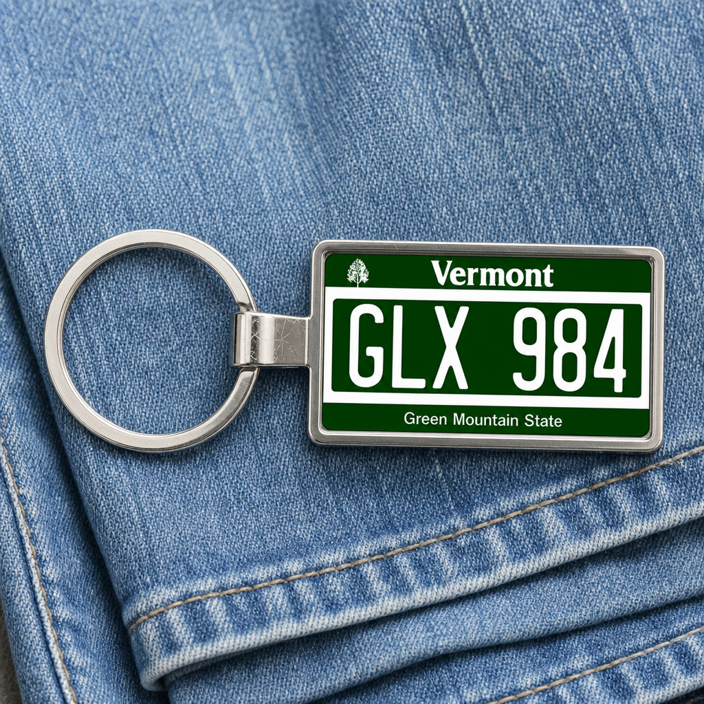 Vermont license plate keychain on denim