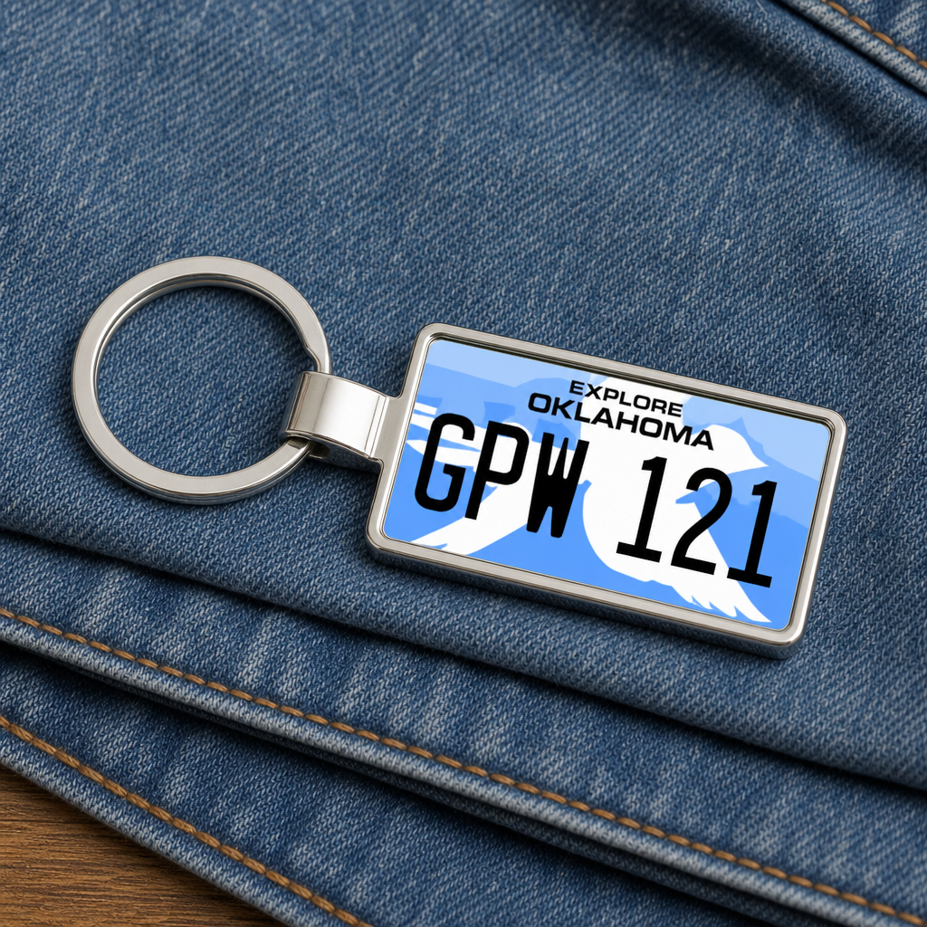 Oklahoma GPW 121 license plate keychain on_denim