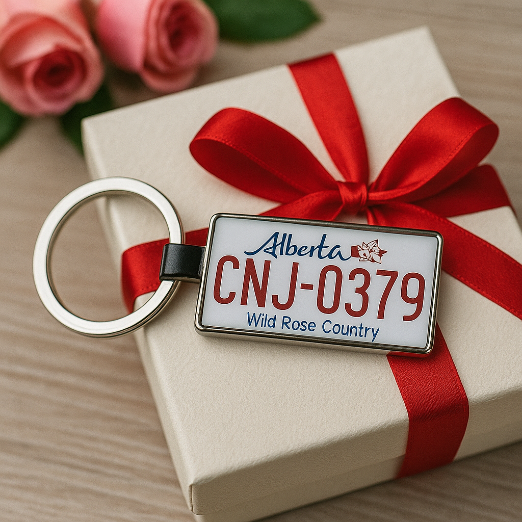 A stylish Alberta license plate keychain with the number CNJ-0379, displayed on a cream-colored gift box tied with a red satin ribbon, surrounded by pink roses. A thoughtful Canadian-themed gift for special occasions. Made by Your iDeas Shop