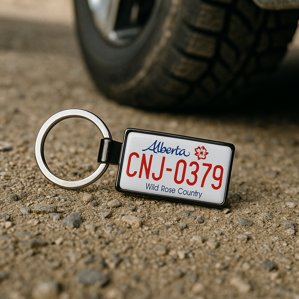 A rectangular Alberta license plate keychain with CNJ-0379 design, lying on gravel ground next to a car tire. A rugged and adventurous souvenir perfect for road trip enthusiasts and automotive fans. Made by Your iDeas Shop