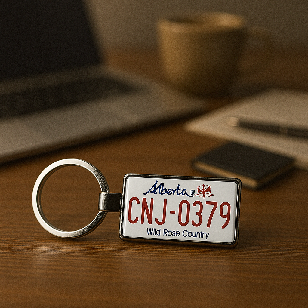 A custom Alberta license plate keychain with the number CNJ-0379 placed on a wooden office desk near a laptop, notebook, and coffee cup. A sleek and professional Canadian souvenir for travel lovers or office decor. Made by Your iDeas Shop.