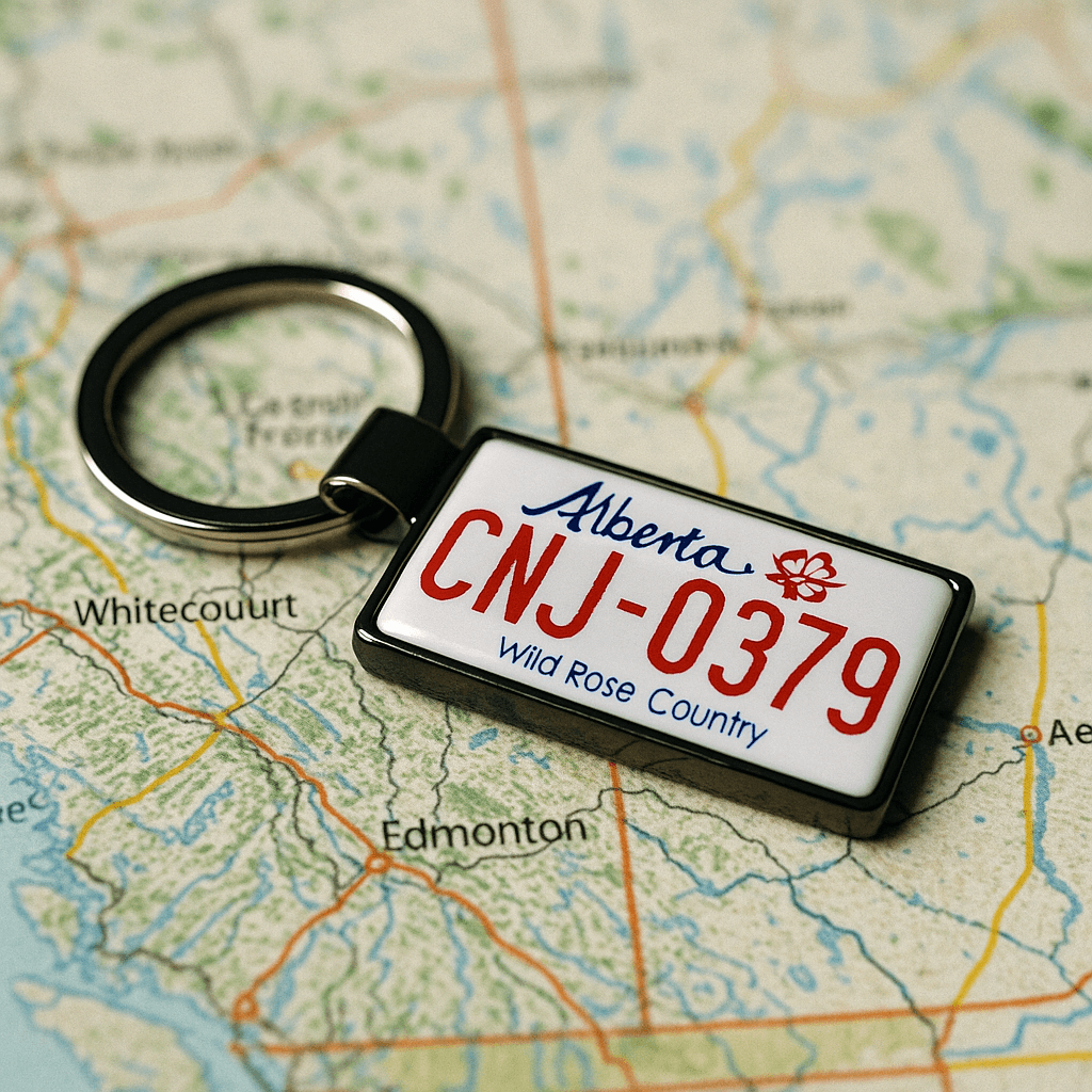 A souvenir keychain featuring a miniature Alberta license plate with the number CNJ-0379, placed on a map highlighting Edmonton and Whitecourt. A perfect keepsake or gift symbolizing Canadian travel memories. Made by Your iDeas Shop.