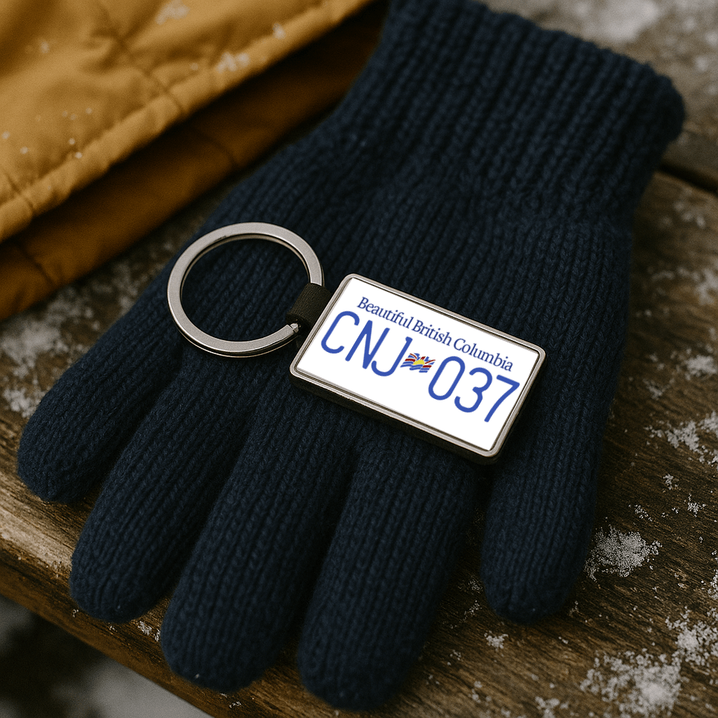 A British Columbia license plate keychain with CNJ 037 resting on a dark knitted glove, next to a tan jacket with snow in the background. Great for winter travelers or automotive gifts. Made by Your iDeas Shop.