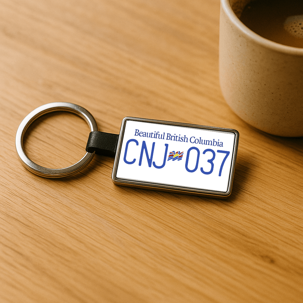 A metal keychain shaped like a British Columbia license plate displaying CNJ 037, set on a wooden table near a beige coffee cup. An ideal accessory for car owners and collectors. Made by Your iDeas Shop.