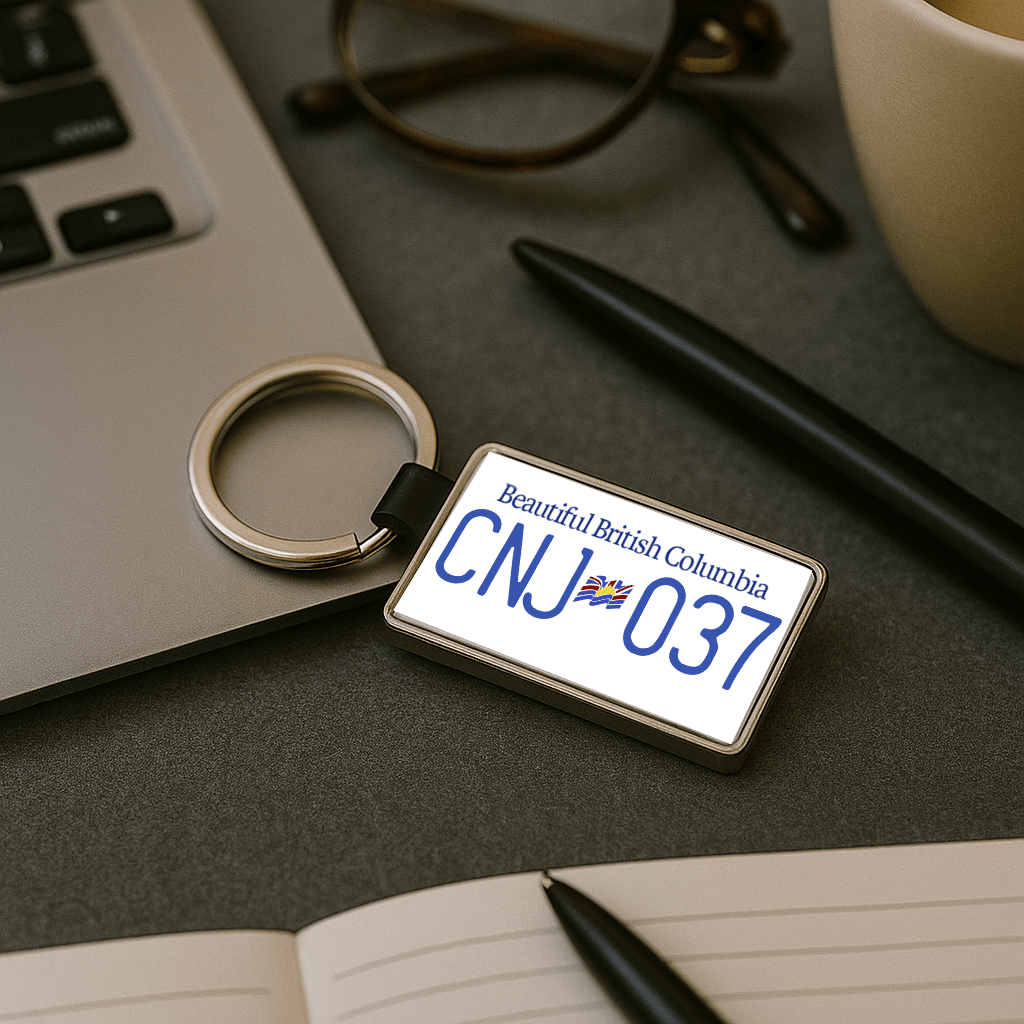A rectangular keychain featuring a replica of a British Columbia license plate with the number CNJ 037, placed next to a laptop, pen, and notebook on a dark office desk. Perfect for travel enthusiasts or car lovers. Made by Your iDeas Shop.