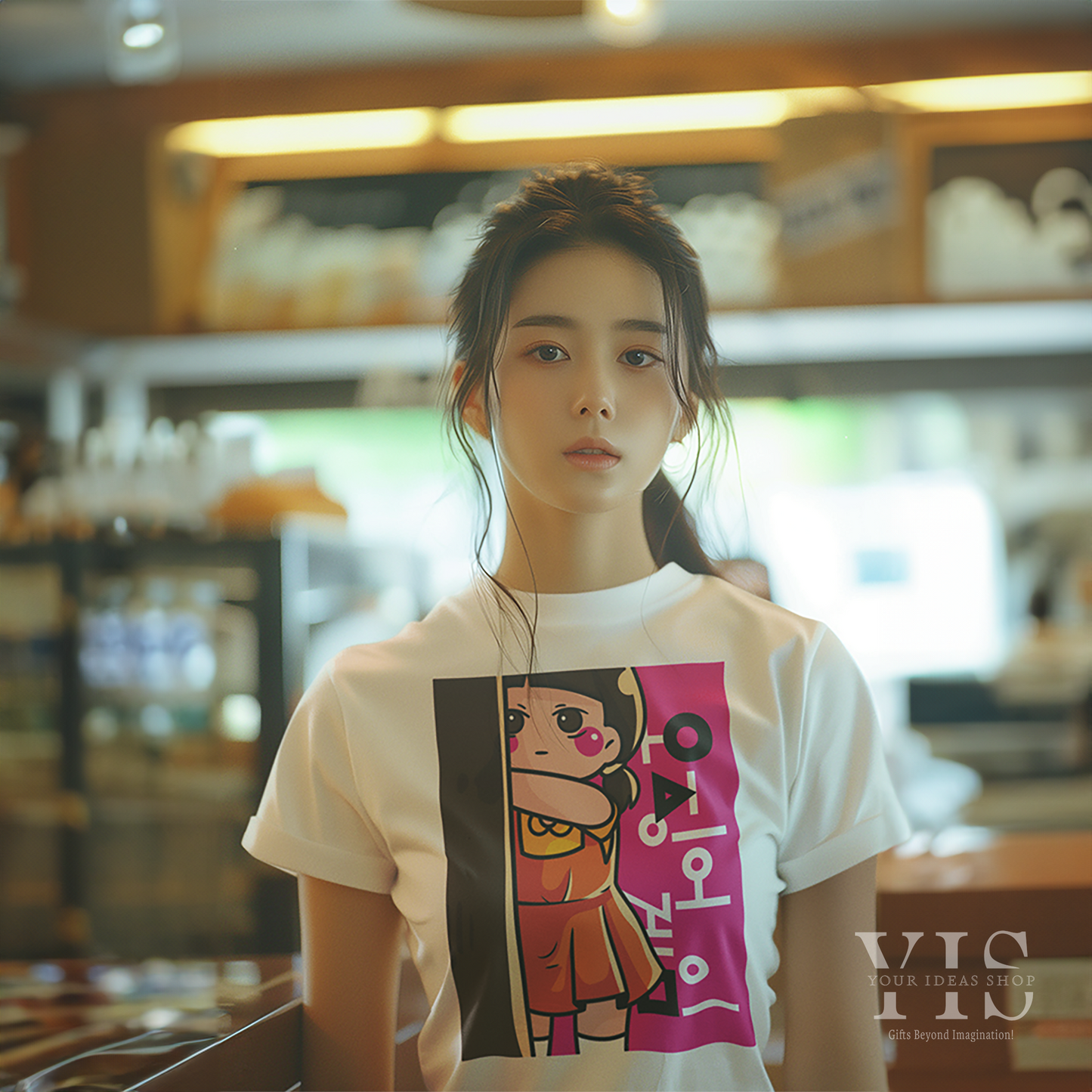 A white T-shirt with a colorful Squid Game-inspired graphic, worn by a young woman in a cozy café. The playful design features the 'Red Light, Green Light' doll peeking from a tree with bold Korean lettering. Perfect for casual outings. Made by Your iDeas Shop