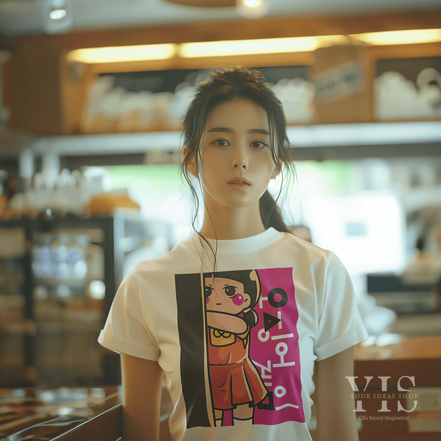 A white T-shirt with a colorful Squid Game-inspired graphic, worn by a young woman in a cozy café. The playful design features the 'Red Light, Green Light' doll peeking from a tree with bold Korean lettering. Perfect for casual outings. Made by Your iDeas Shop
