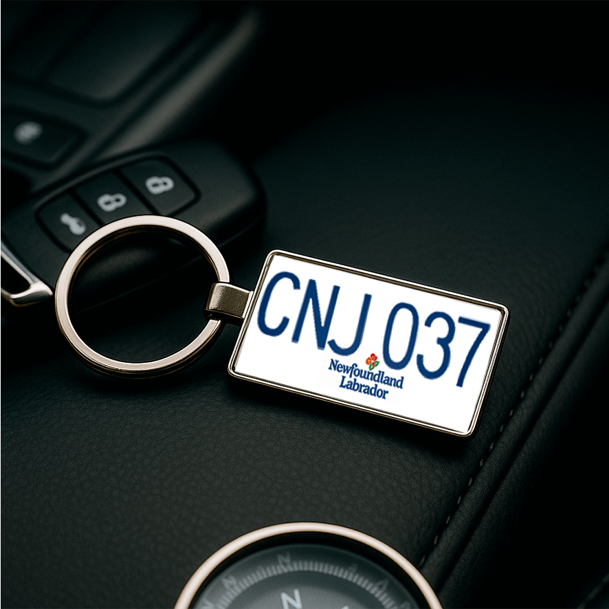 A Newfoundland and Labrador license plate-style keychain with the code 'CNJ 037' resting on a black car interior next to a modern car key and part of a dashboard dial. This sleek setup makes the keychain a perfect car accessory or Canadian gift for drivers. Made by Your iDeas Shop.