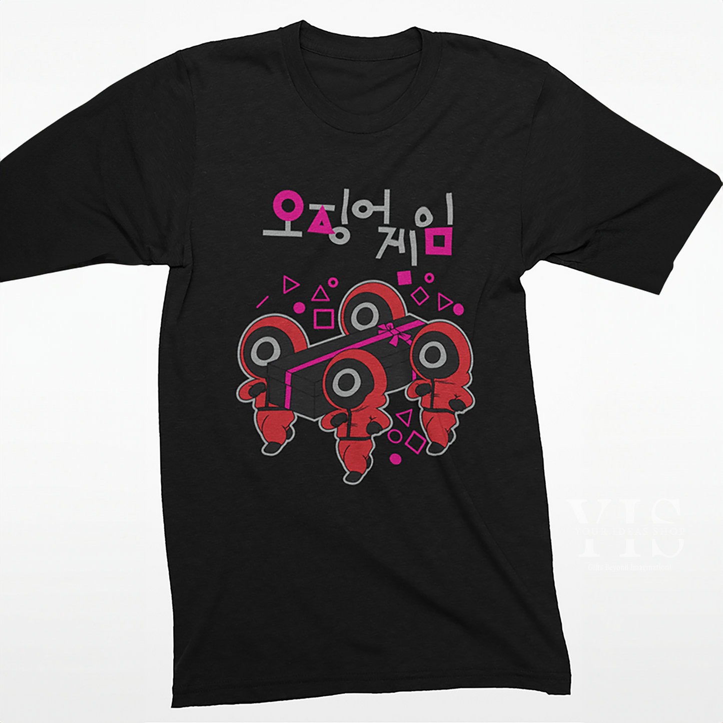 A black T-shirt displaying a vibrant design of red guards carrying a gift box. The artwork includes bold shapes and colorful accents with Korean lettering for an authentic touch. A stylish option for casual wear. Made by Your iDeas Shop