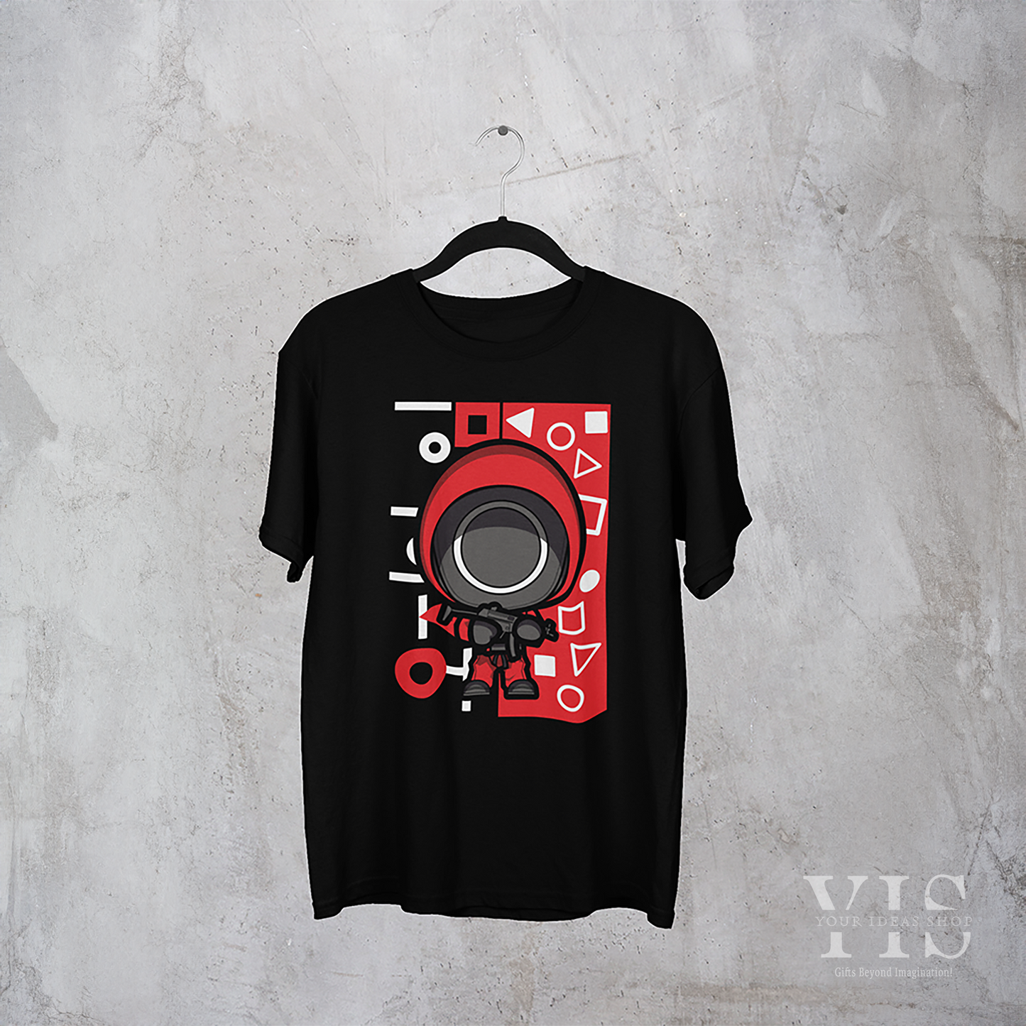 A black T-shirt showcasing a cute cartoon depiction of a guard in a red uniform, holding a weapon. The background includes a striking red panel with white geometric icons and Korean lettering. Perfect for fans of quirky and bold designs. Made by Your iDeas Shop.