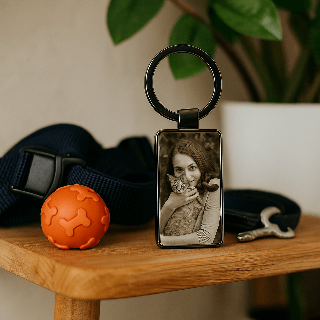 Personalized keychain featuring a young woman in a hat holding a white Chihuahua, with a dog bowl labeled 'Molly' in the background. Made by Your iDeas Shop.