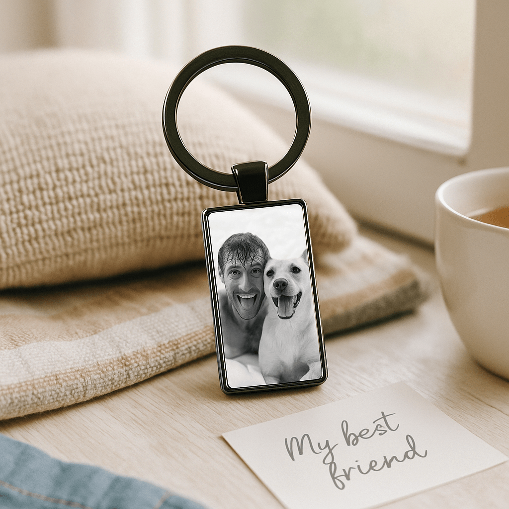 Custom keychain with black-and-white photo of a man and his dog sticking out their tongues, perfect for pet lovers celebrating their best friend. Made by Your iDeas Shop.