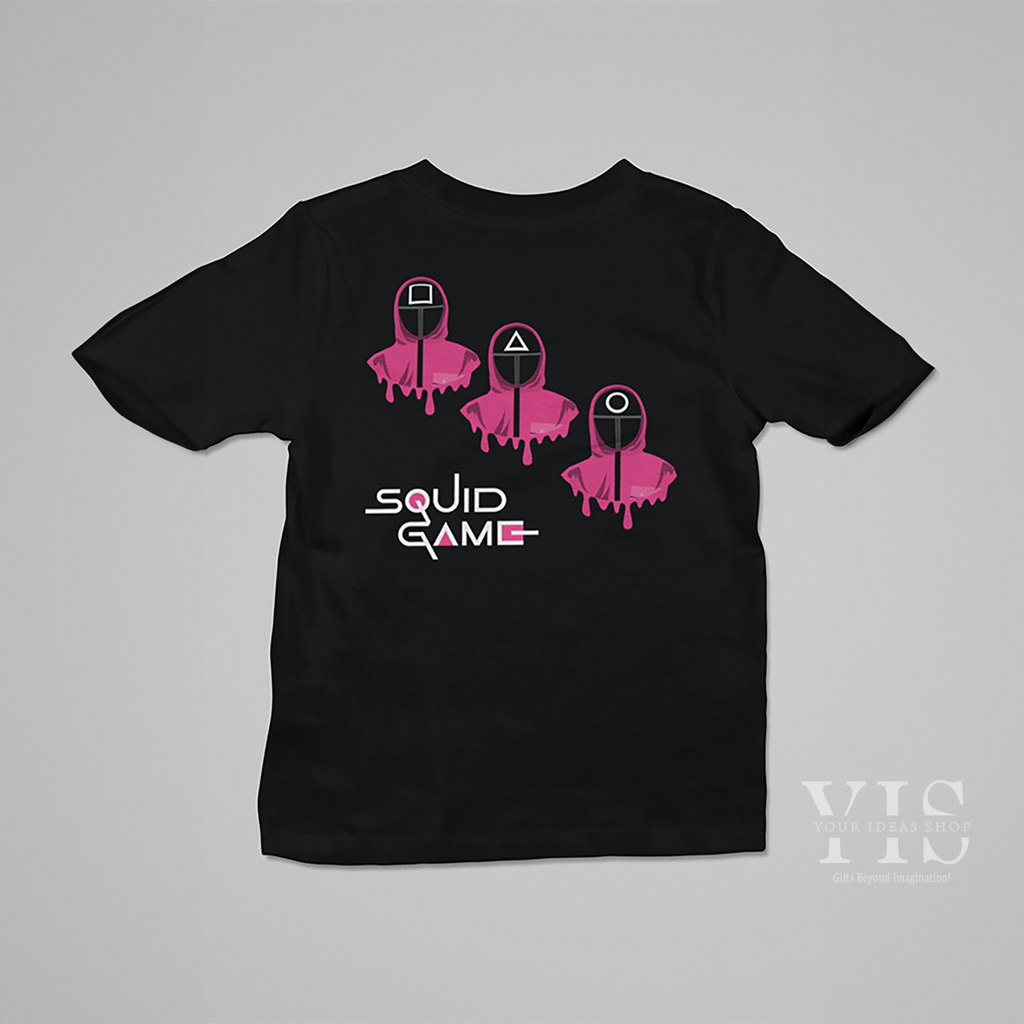 A black T-shirt with a trendy graphic of three pink guards. The dripping design and iconic geometric masks, paired with the bold 'Squid Game' text, create an edgy and creative look. Perfect for fans of bold fashion. Made by Your iDeas Shop