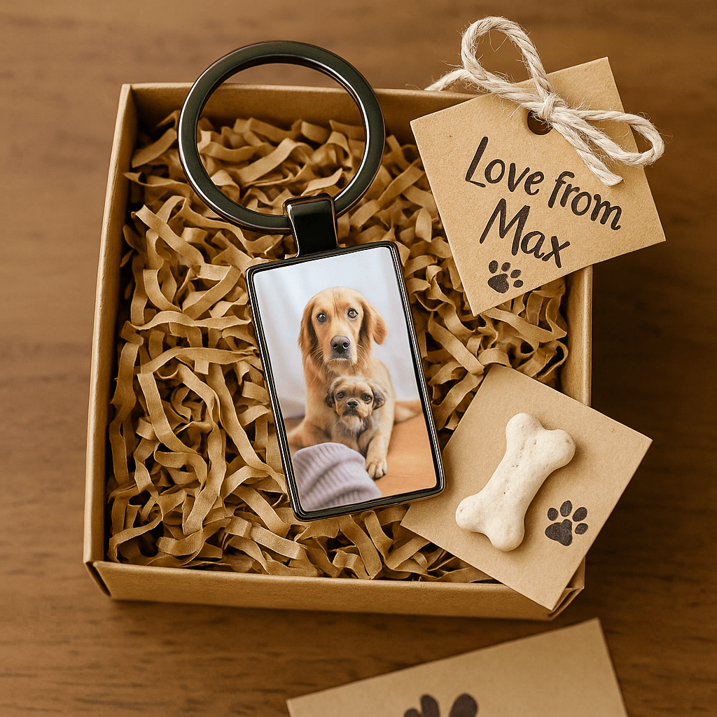 Custom keychain showing two dogs cuddling inside a gift box with tags reading 'Love from Max,' ideal as a thoughtful pet-themed present. Made by Your iDeas Shop.