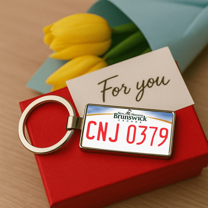 A New Brunswick license plate-style keychain labeled 'CNJ 0379' presented on a red gift box with a card reading 'For you', and accompanied by a bouquet of yellow tulips. A thoughtful and personalized gift idea for travel enthusiasts or Canadian souvenir lovers. Made by Your iDeas Shop.