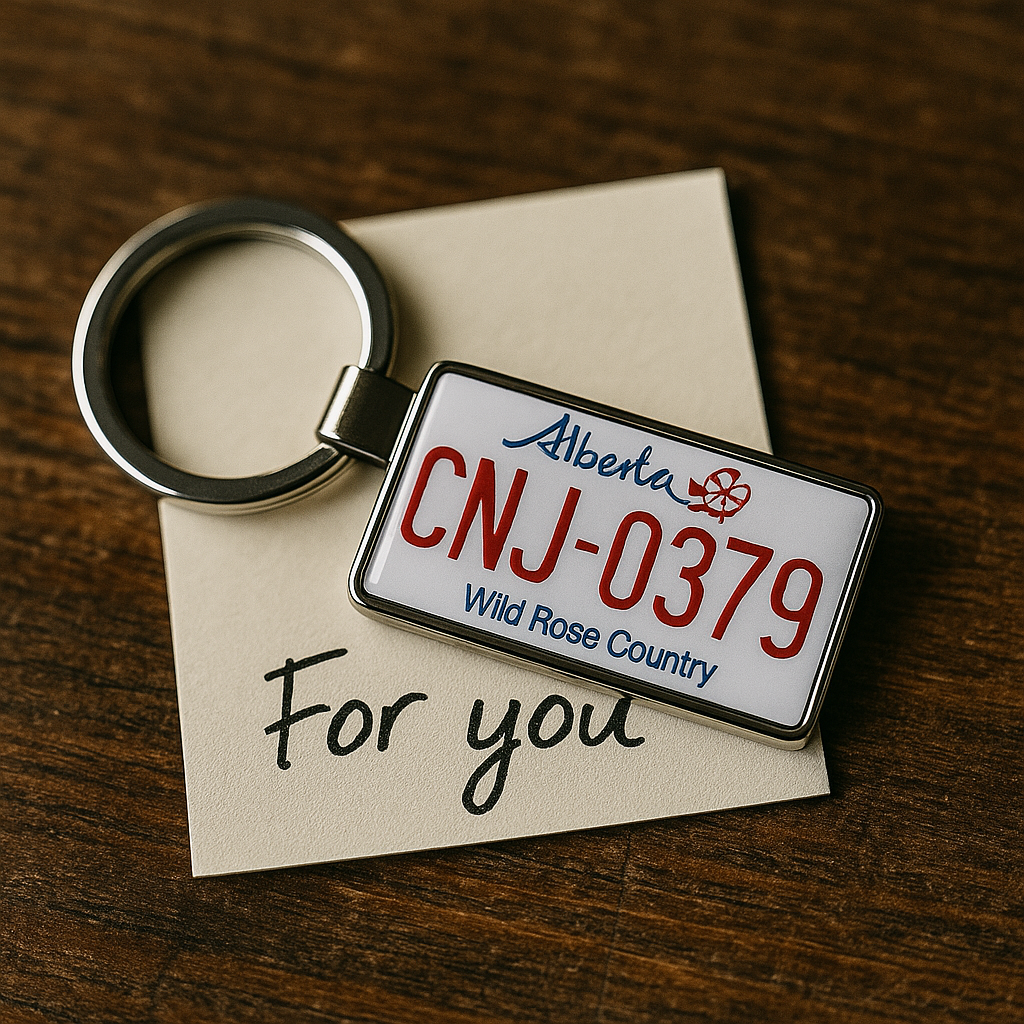 An Alberta license plate keychain with CNJ-0379 design placed on a small card with the handwritten message 'For you', set on a wooden surface. A charming and thoughtful Canadian-themed gift idea. Made by Your iDeas Shop