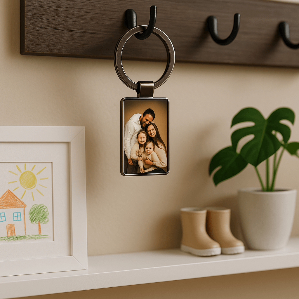 Personalized keychain displaying a family portrait with parents and two children, hanging on a key hook in a cozy home interior. Made by Your iDeas Shop.