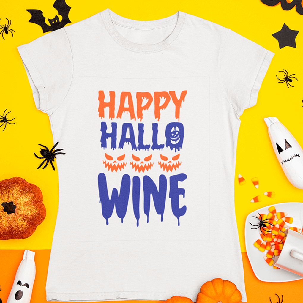 White t-shirt with 'Happy Hallo Wine' text on a yellow background with Halloween decorations.