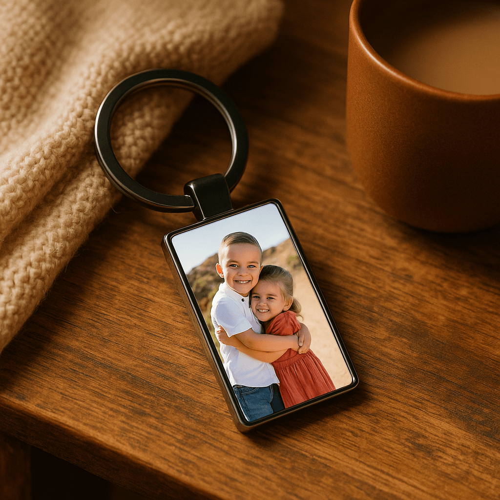 Personalized keychain featuring a smiling boy and girl hugging outdoors, perfect for gifts celebrating siblings or childhood memories. Made by Your iDeas Shop.