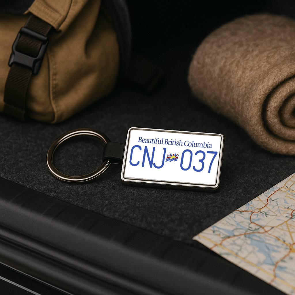 A British Columbia CNJ 037 license plate keychain placed in the trunk of a car next to a travel backpack, wool blanket, and a folded map, creating an adventure-ready scene. Ideal for road trip lovers. Made by Your iDeas Shop.