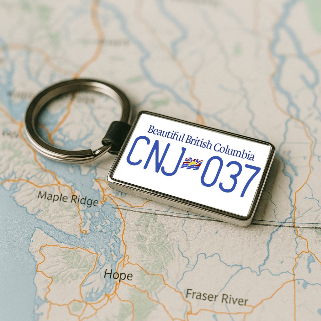 A rectangular keychain designed like a British Columbia license plate with CNJ 037, placed on a detailed map of British Columbia showing locations like Maple Ridge and Fraser River. Perfect for travelers and explorers. Made by Your iDeas Shop.