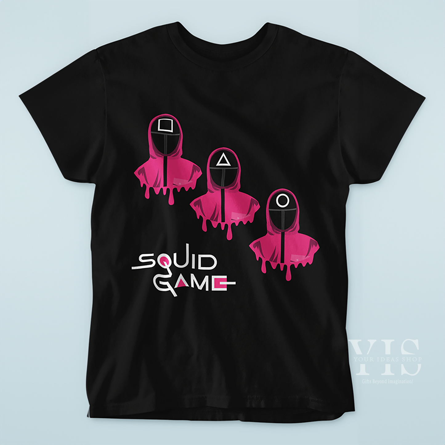 A black T-shirt featuring a minimalist graphic of three guards in pink uniforms. The dripping design effect and geometric masks—square, triangle, and circle—add a unique touch. Completed with the 'Squid Game' logo for a modern vibe. Made by Your iDeas Shop