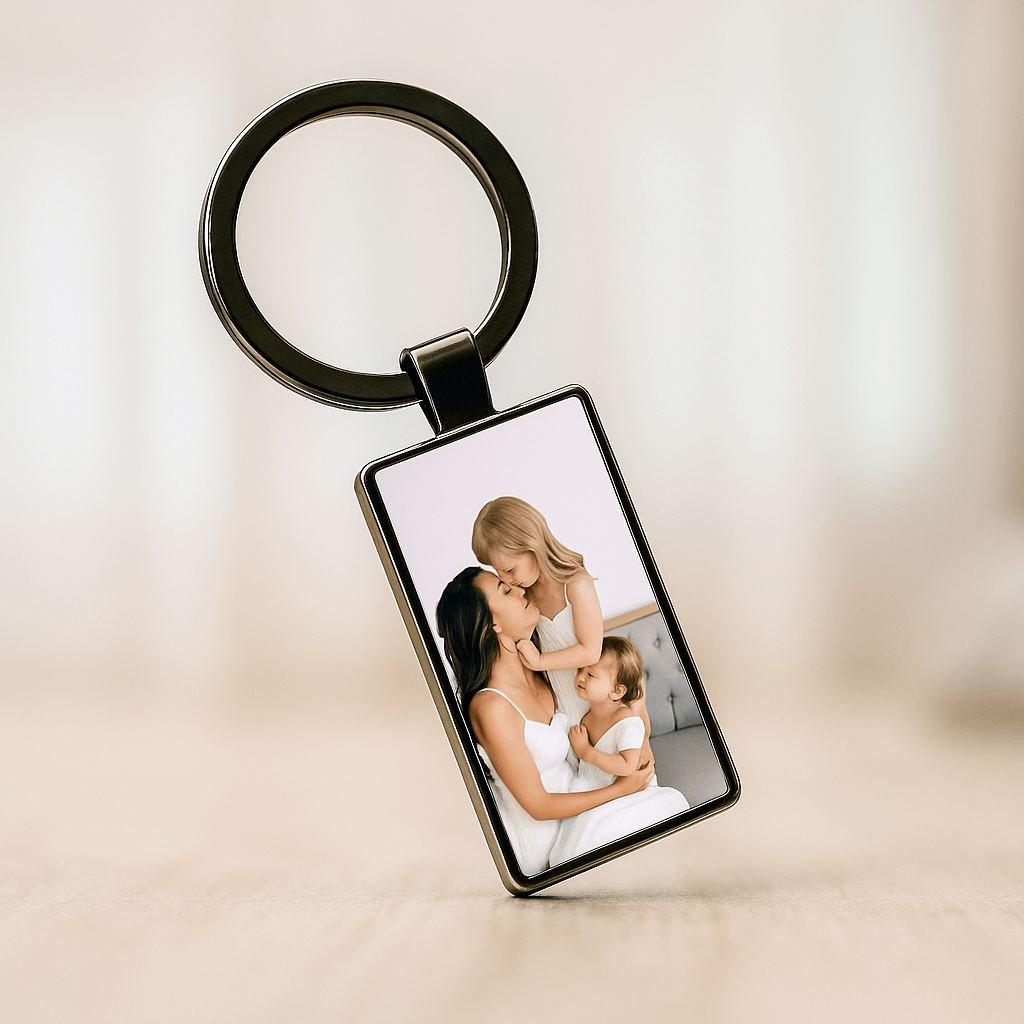 Personalized keychain with a mother and her two daughters sharing a tender moment, ideal keepsake for Mother's Day or family celebrations. Made by Your iDeas Shop.