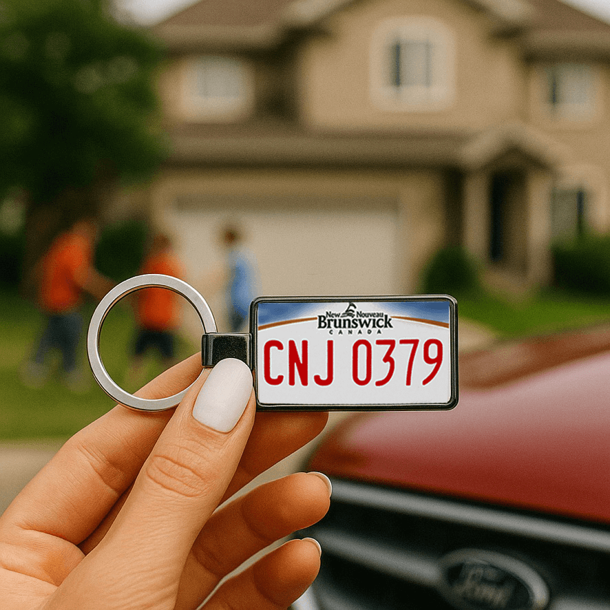 A hand holding a New Brunswick license plate-style keychain with the code 'CNJ 0379' in front of a suburban house, with a red Ford vehicle and a group of children playing in the background. A charming and symbolic gift, representing home, travel, and Canadian pride. Made by Your iDeas Shop.