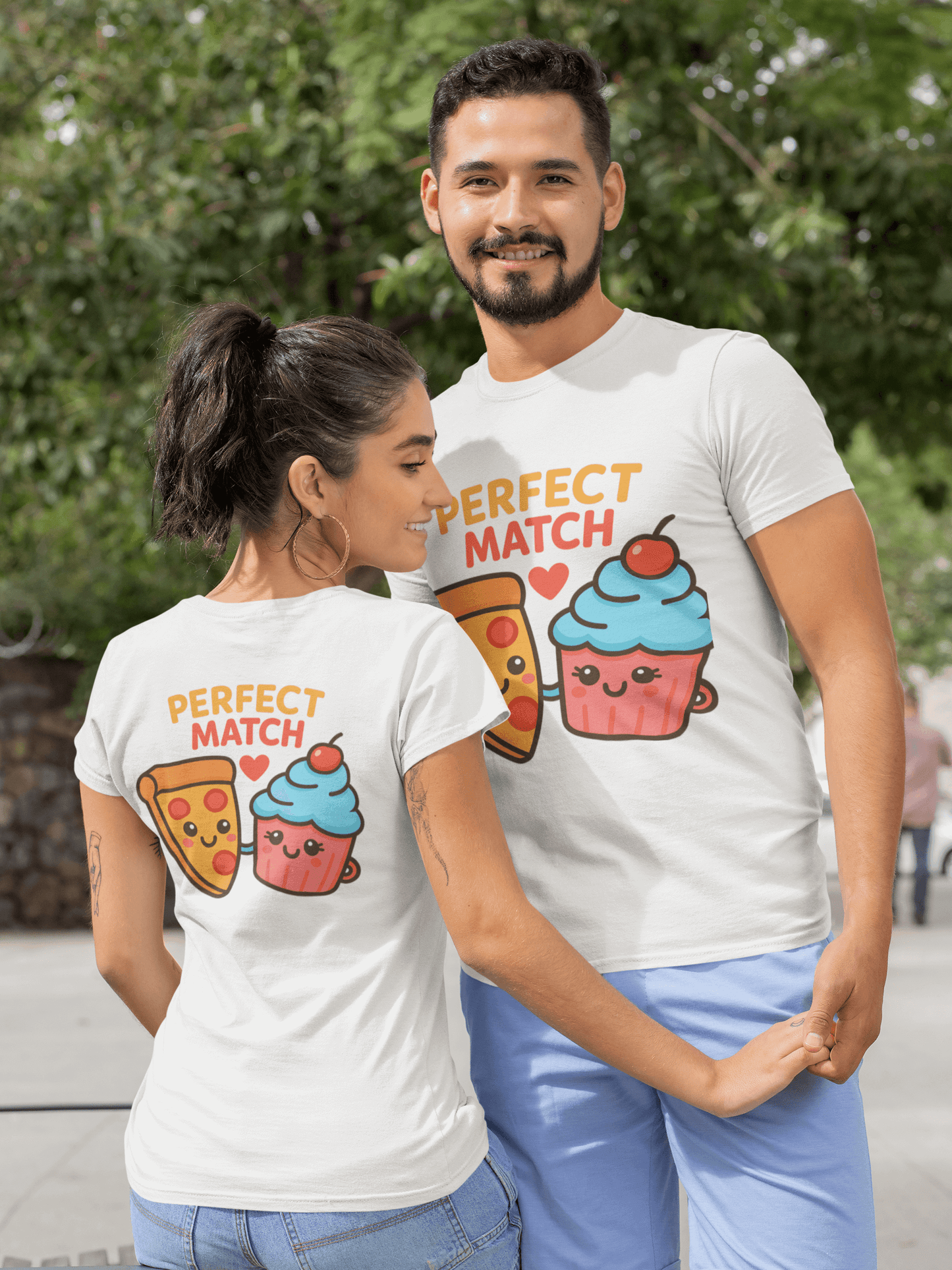 Two people wearing matching 'Perfect Match' t-shirts with cartoon food designs.