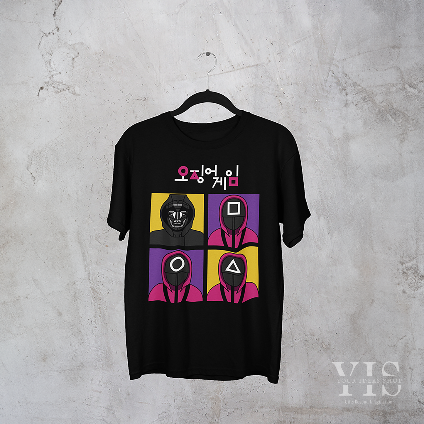 A black T-shirt showcasing a pop-art-style design of guards and a masked leader. The four-panel layout includes purple and yellow backgrounds, adding a colorful and modern touch. The Korean text above completes this eye-catching design. Made by Your iDeas Shop.