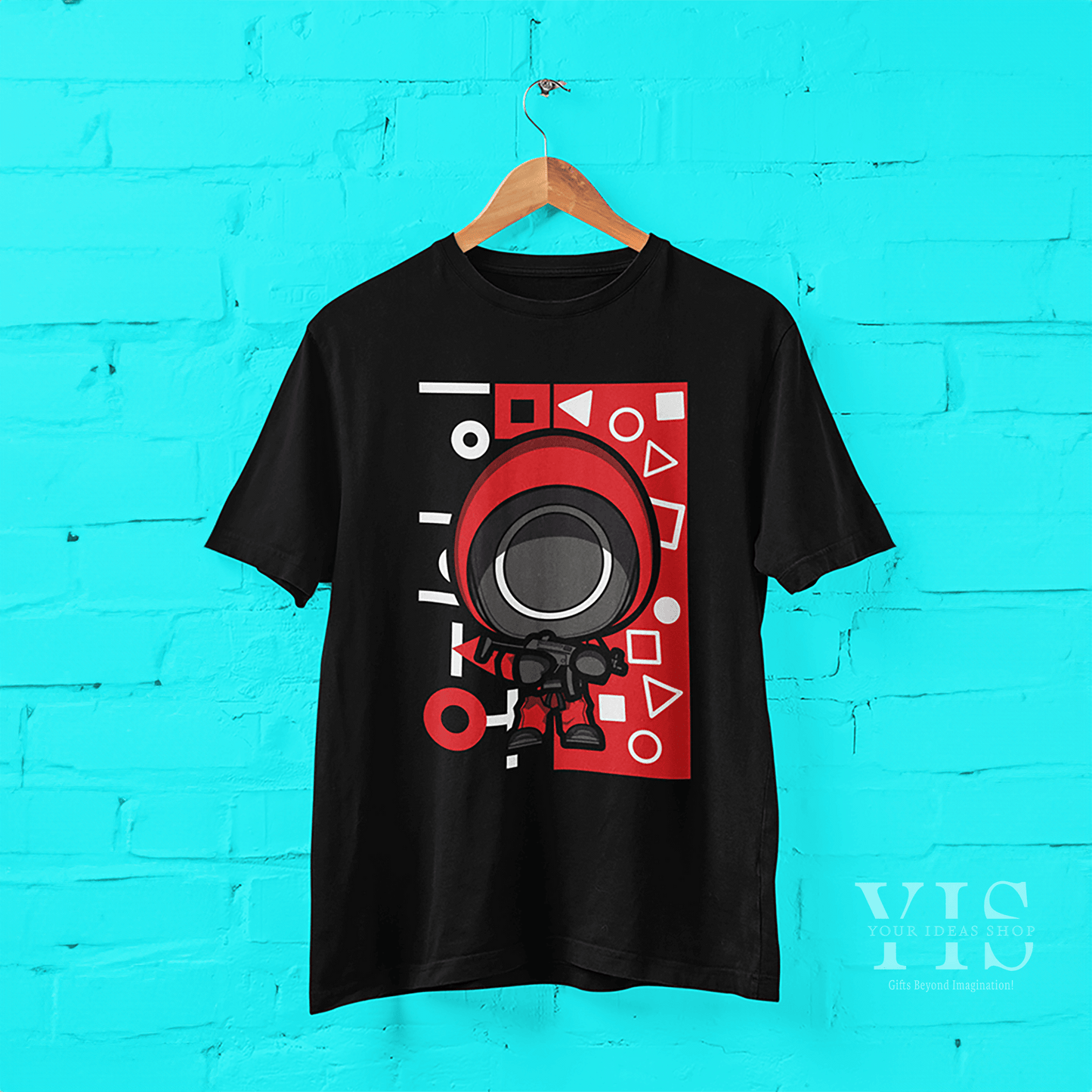 A black T-shirt with a striking chibi-style design of a red-suited guard. The illustration is complemented by a vibrant red geometric background and Korean text, making it a standout piece for casual wear. Made by Your iDeas Shop.