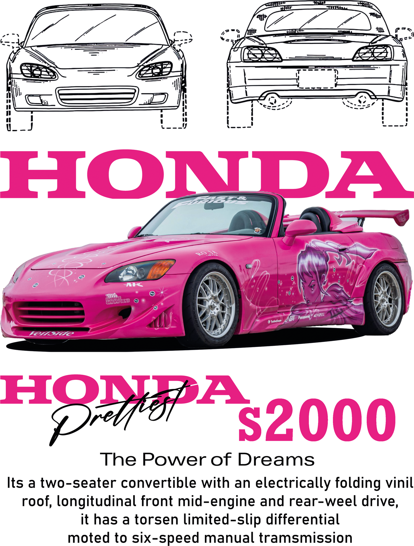 Honda S2000 Graphic T-Shirt — Photo & Line Sketch (Pink)