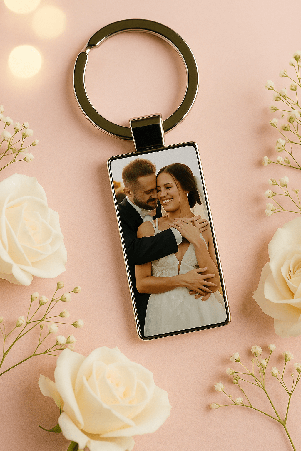 Personalized keychain showing a smiling bride and groom hugging, surrounded by white roses and pink background, ideal wedding keepsake. Made by Your iDeas Shop.