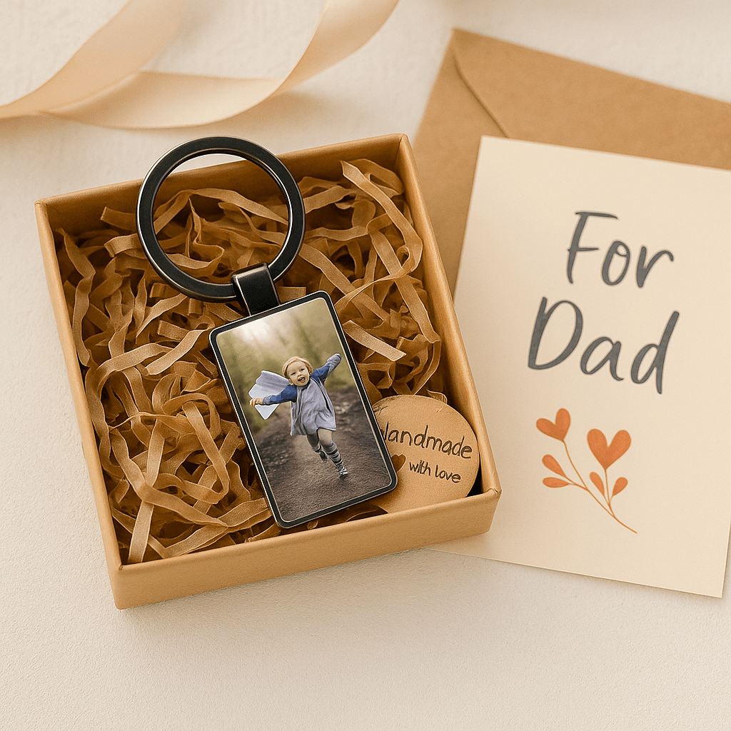 Custom keychain featuring a joyful child running along a forest path, presented in a gift box with 'For Dad' card, perfect Father's Day gift. Made by Your iDeas Shop.