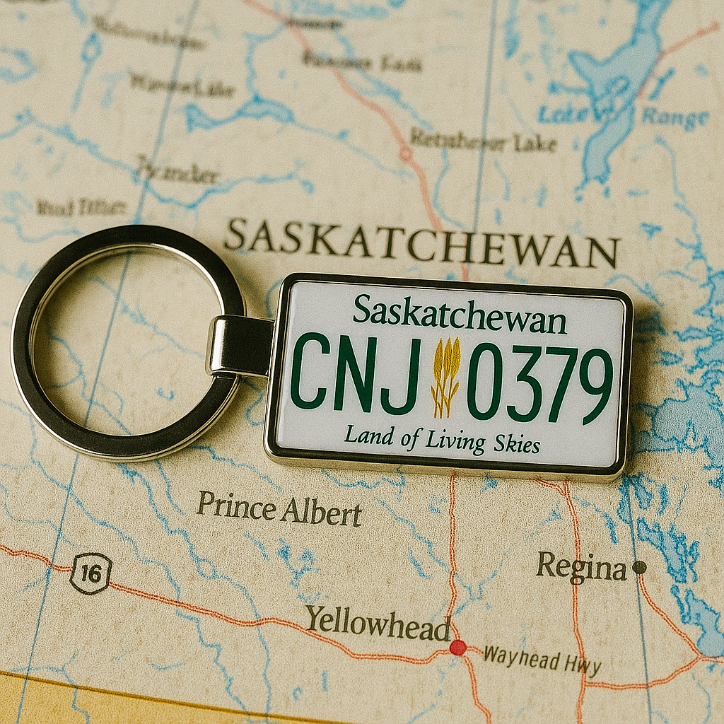 A Saskatchewan license plate keychain with CNJ 0379 and the phrase 'Land of Living Skies', placed on a map highlighting cities like Regina and Prince Albert. A meaningful travel keepsake from Canada. Made by Your iDeas Shop.