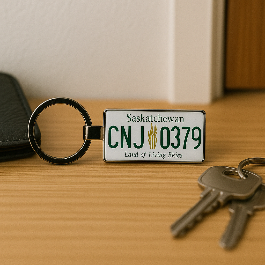 A Saskatchewan license plate keychain with CNJ 0379 and the slogan 'Land of Living Skies', placed on a wooden surface beside house keys and a leather wallet. A practical and meaningful Canadian keepsake. Made by Your iDeas Shop