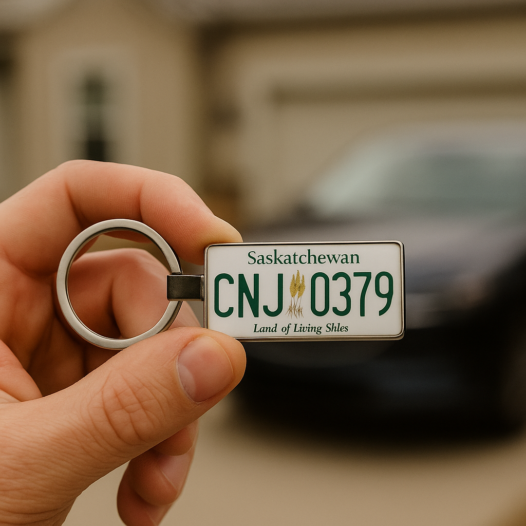 A Saskatchewan license plate keychain with CNJ 0379 and the phrase 'Land of Living Skies', held in a hand outdoors with a parked car in the background. A personal and practical Canadian travel gift. Made by Your iDeas Shop.