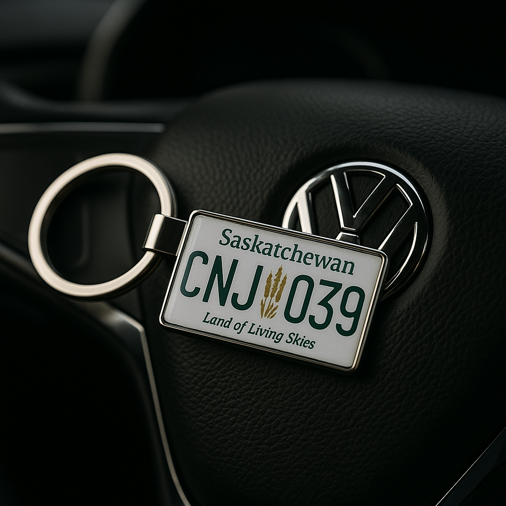 A Saskatchewan license plate keychain with CNJ 039 and the phrase 'Land of Living Skies', placed on a Volkswagen steering wheel. A stylish and compact gift for travelers and car owners. Made by Your iDeas Shop.