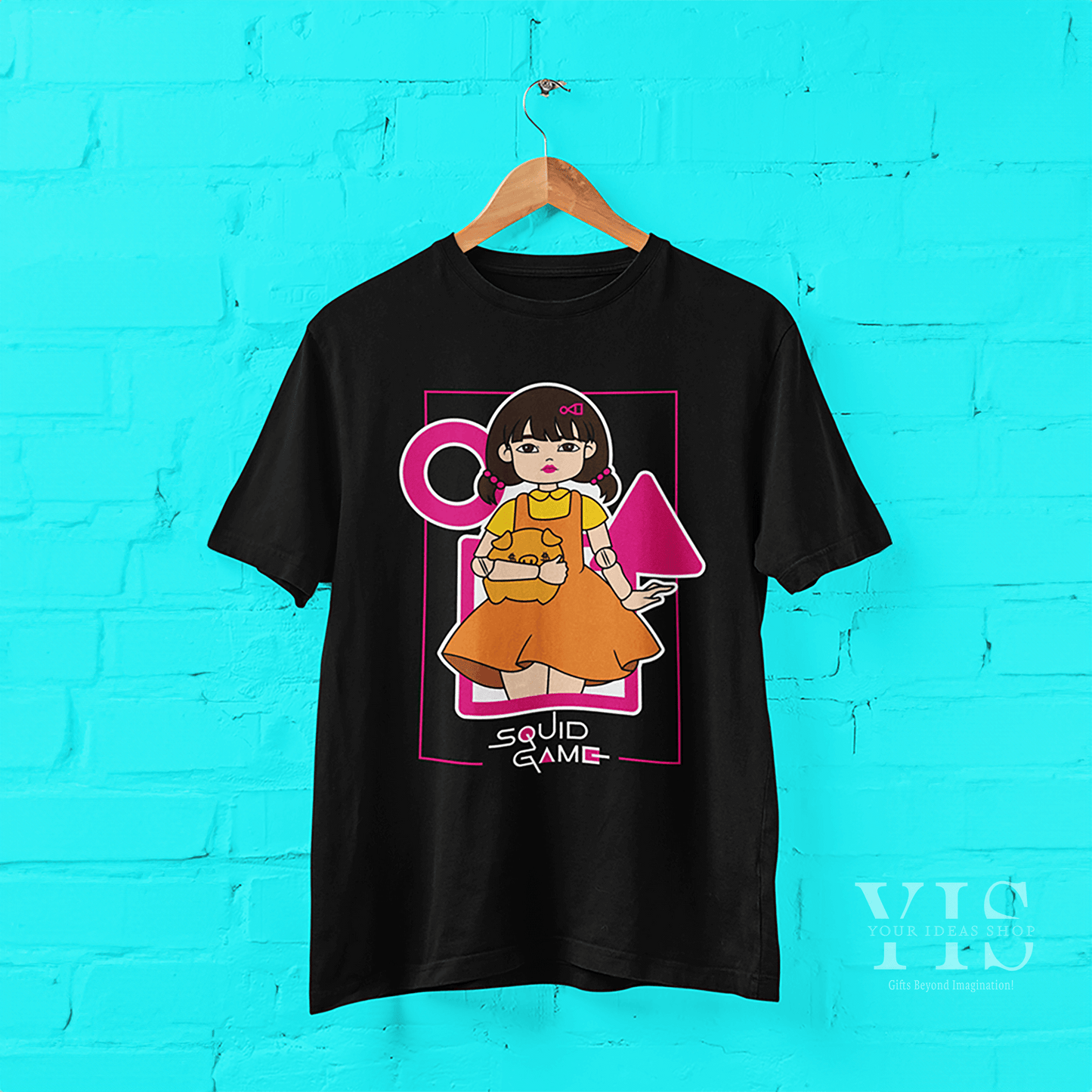 A white T-shirt with the Squid Game doll design, styled casually by a young woman in a cozy coffee shop. A trendy and eye-catching outfit for series enthusiasts. Made by Your iDeas Shop