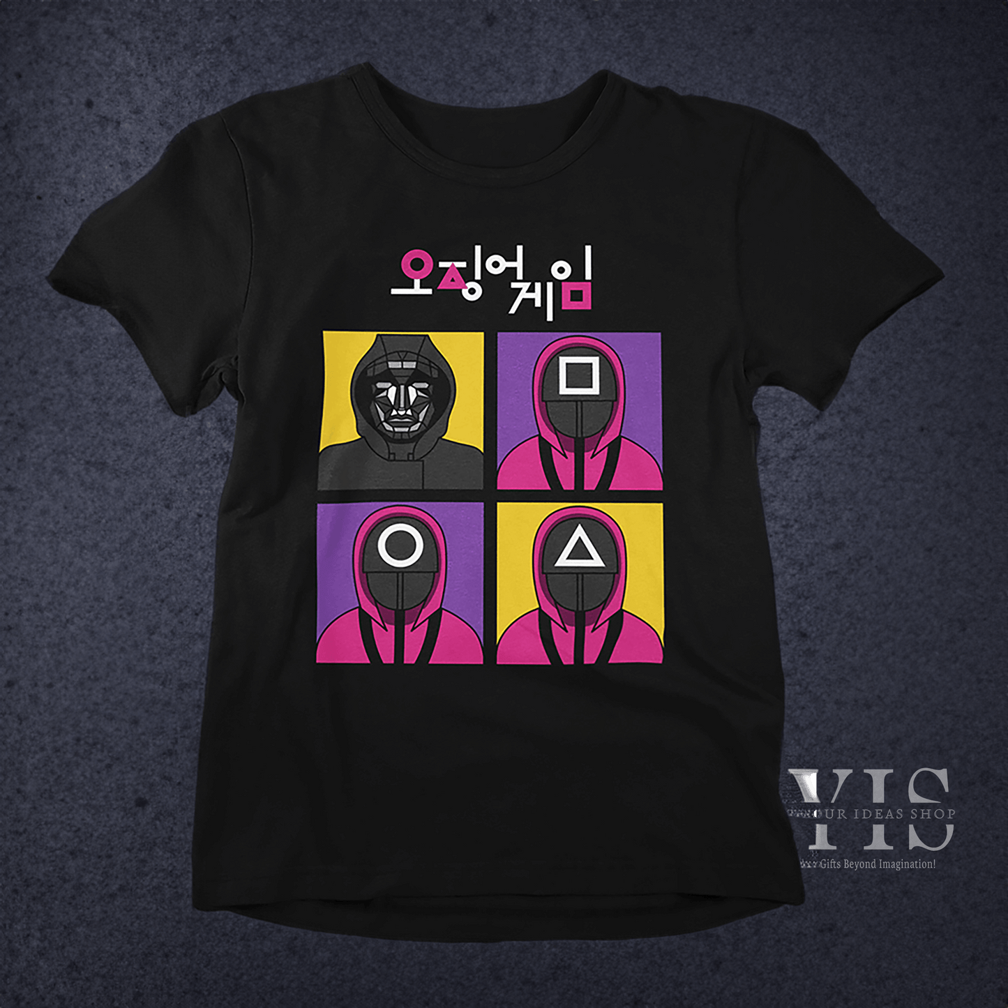 A black T-shirt displaying a pop-art-inspired design with four character panels. The guards and leader are illustrated in pink and black, set against striking purple and yellow blocks with Korean text. A fun and creative piece for casual wear. Made by Your iDeas Shop.