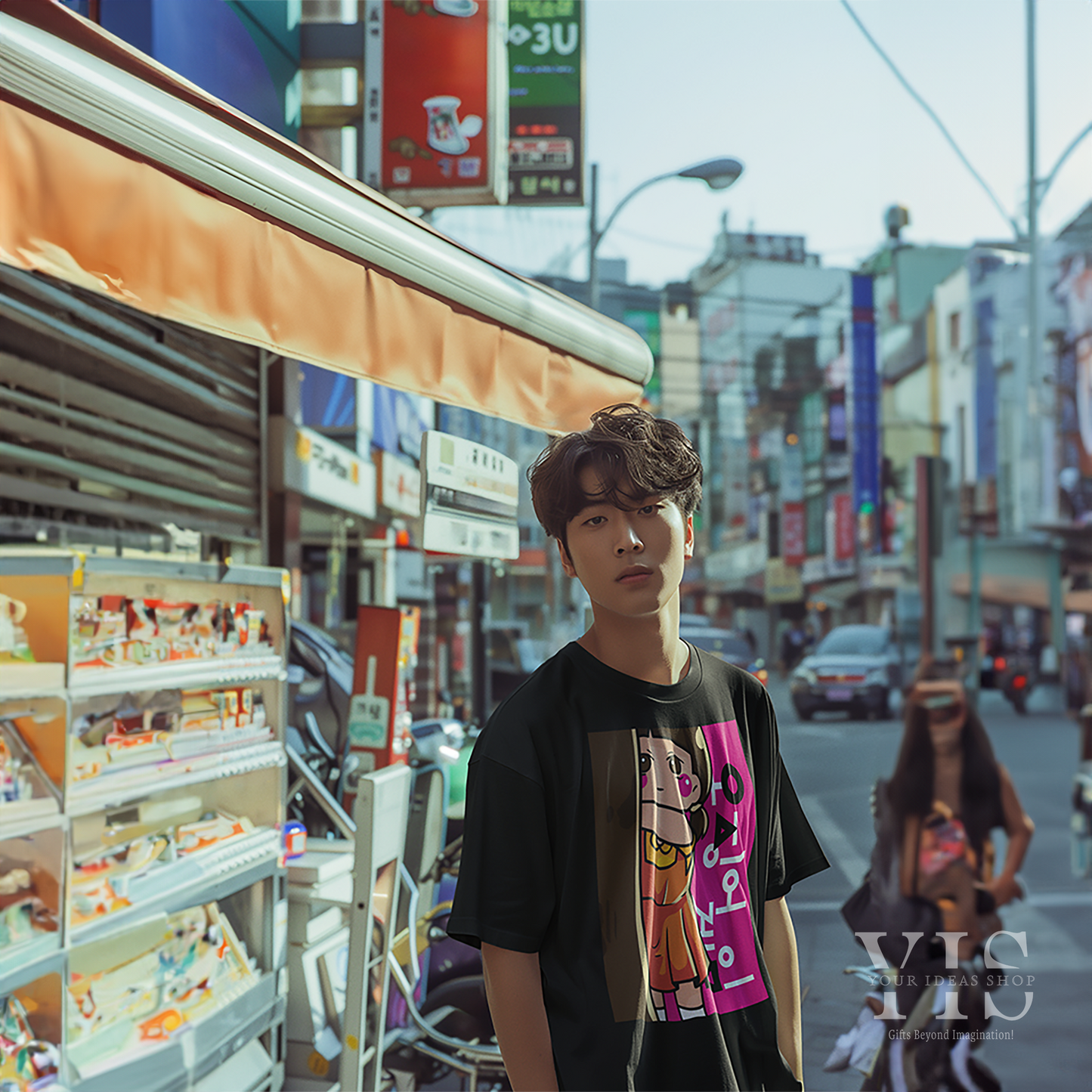 A black T-shirt featuring a stylish graphic of the iconic 'Red Light, Green Light' doll from Squid Game. Worn by a man on a busy city street, the vibrant pink design and Korean text add a modern and trendy touch to casual streetwear. Made by Your iDeas Shop