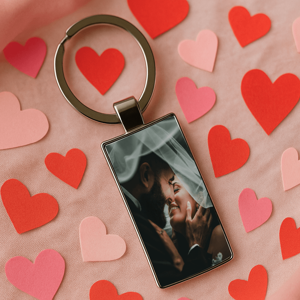 Personalized keychain with bride and groom sharing a romantic kiss under a veil, set on a background of red and pink hearts. Made by Your iDeas Shop.